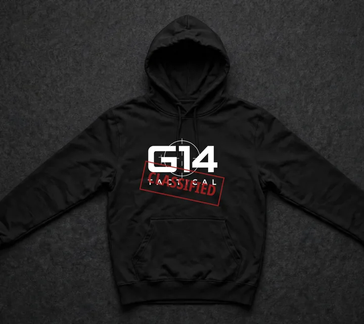 Mockup: Black G14 Tactical pullover hoodie with the wordmark and red CLASSIFIED stamp
