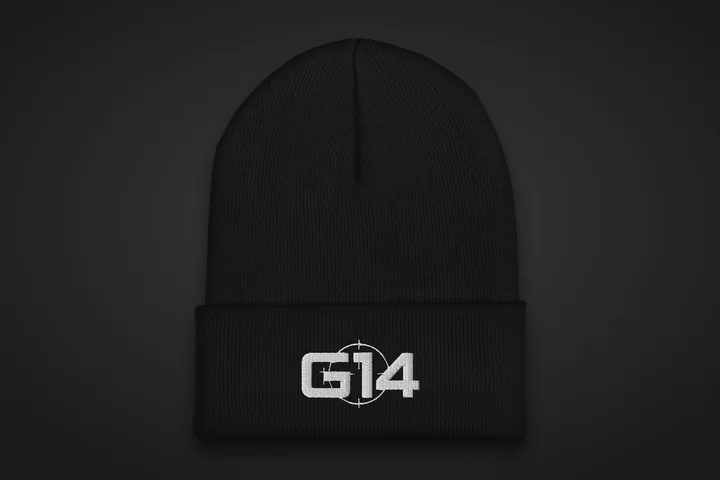 Mockup: Black G14 cuffed beanie with the G14 mark embroidered on the cuff