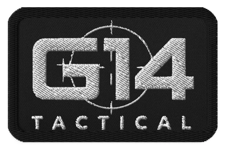 Mockup: Black G14 Tactical rectangular embroidered patch with the wordmark