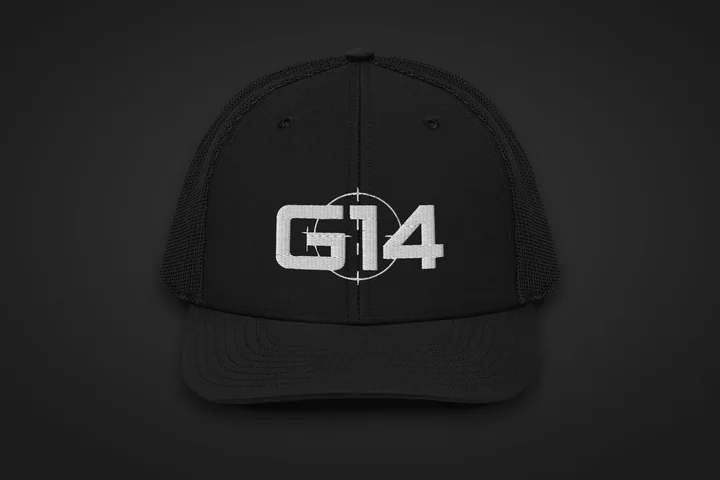 Mockup: Black G14 trucker hat with the G14 mark embroidered on the front